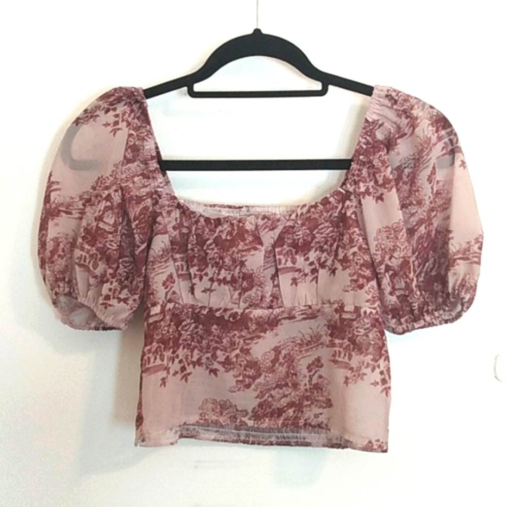 Women's Size S Unique AKMK Beige and Brown Sheer Floral Crop Top